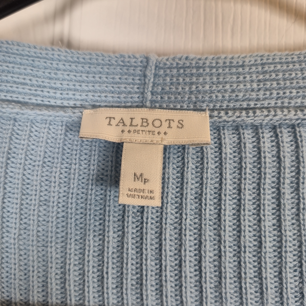 Talbots Petite Blue 100% Cotton Cable Knit Open Front Cardigan Sweater Pockets - Picture 6 of 7